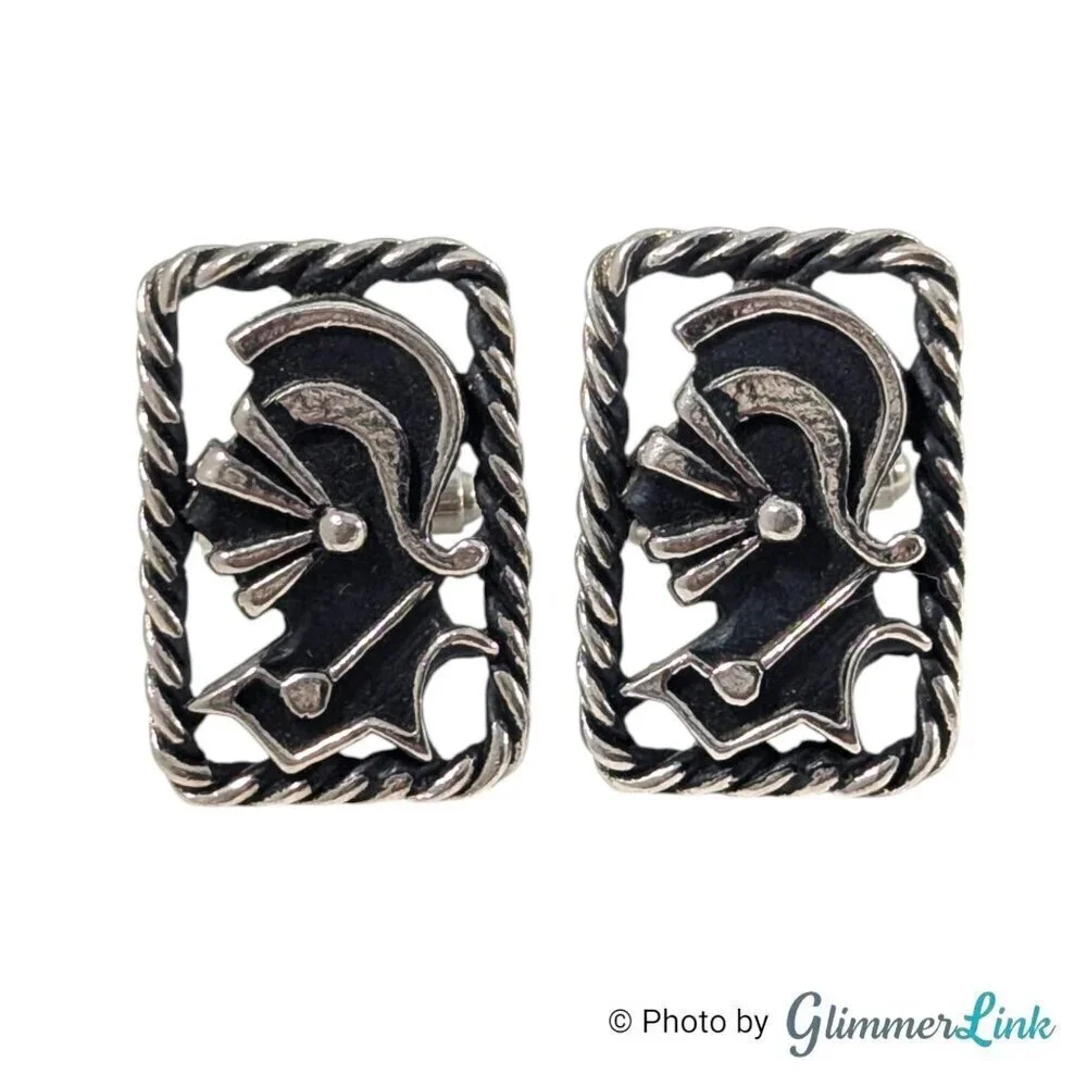 Vintage Knight Centurion Rectangular Rope Black Silver Tone MCM Cufflinks